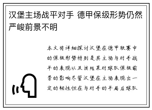 汉堡主场战平对手 德甲保级形势仍然严峻前景不明