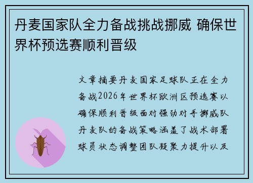 丹麦国家队全力备战挑战挪威 确保世界杯预选赛顺利晋级