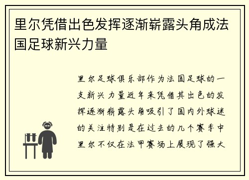 里尔凭借出色发挥逐渐崭露头角成法国足球新兴力量